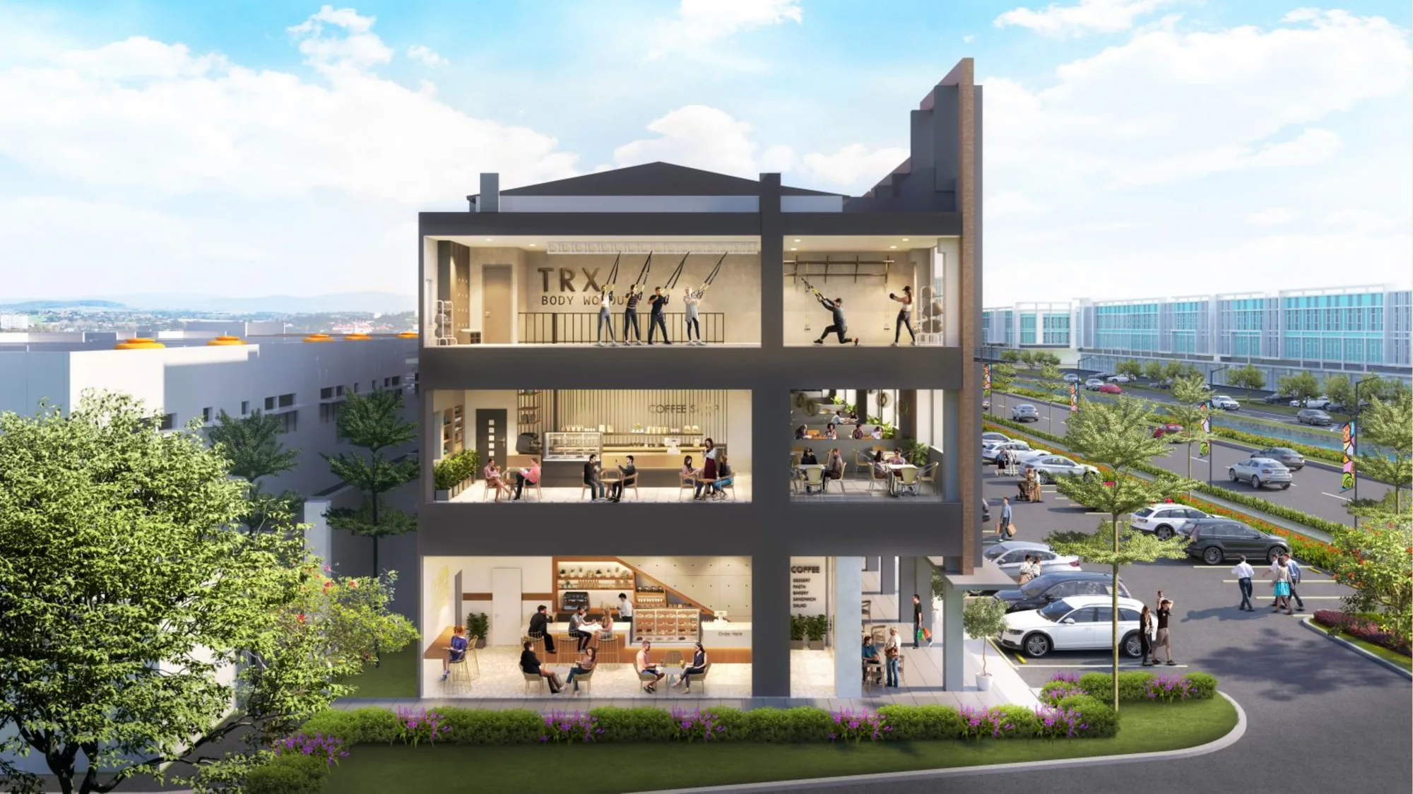 Interior 3 lantai — fleksibilitas tenant & layout